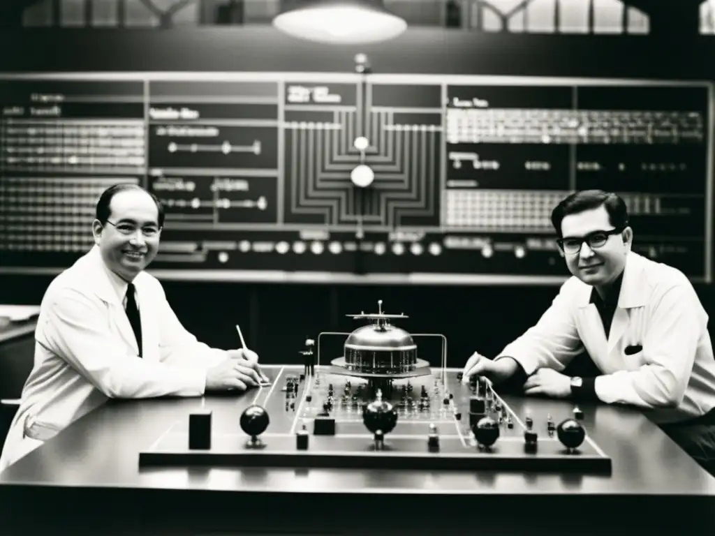 El equipo de investigación histórica de Bell Labs posa con el primer modelo funcional del transistor en un laboratorio, rodeado de equipo científico vintage y pizarras cubiertas de ecuaciones complejas