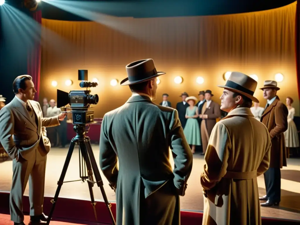 Equipo de filmación en un set vintage, con actores ensayando y un director dando instrucciones