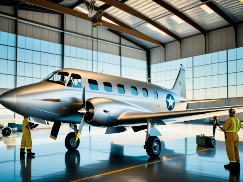 Un equipo de técnicos en mantenimiento de aeronaves inspecciona y repara un avión de material compuesto en un hangar bien iluminado