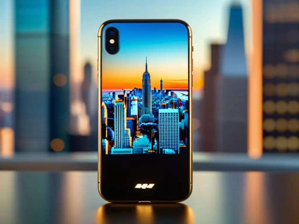 Innovación de Apple en la era del iPhone: Un iPhone moderno con reflejos, destacando su diseño y pantalla vibrante, junto a una ciudad futurista de fondo