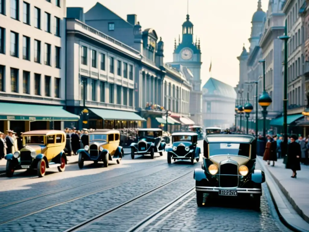 Escena animada de una calle de la ciudad de los años 20, con autos y tranvías vintage