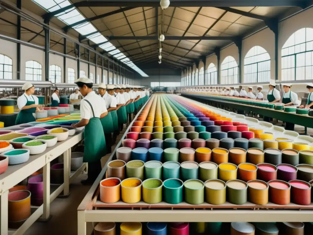 Escena animada de la fábrica textil vintage, con trabajadores mezclando tintes