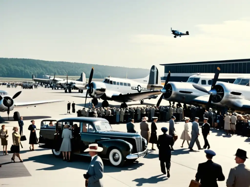 Una escena de un animado aeropuerto en los años 50, con aviones antiguos listos para despegar, rodeados de gente y trabajadores