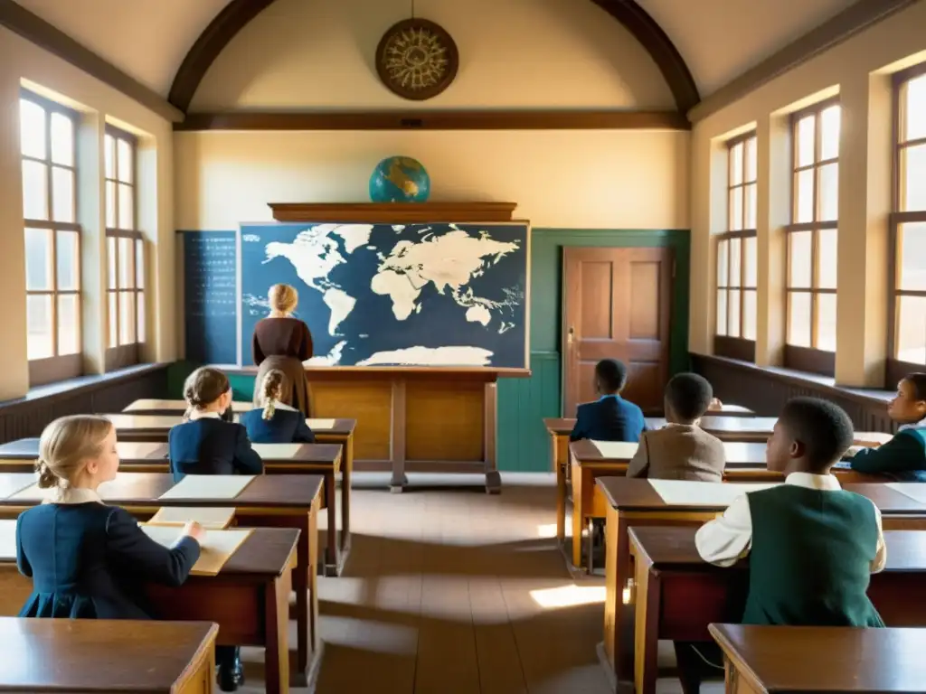 Escena de aula antigua con estudiantes atentos, maestro señalando un gran mapa