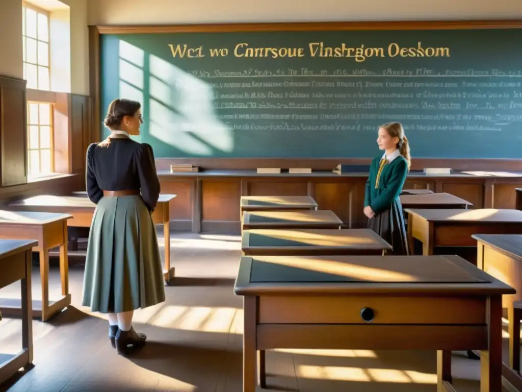 Una escena de aula antigua con muebles de madera vintage y pizarrón lleno de escritura