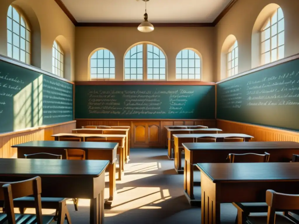 Escena de aula vintage con escritura en pizarra y luz cálida