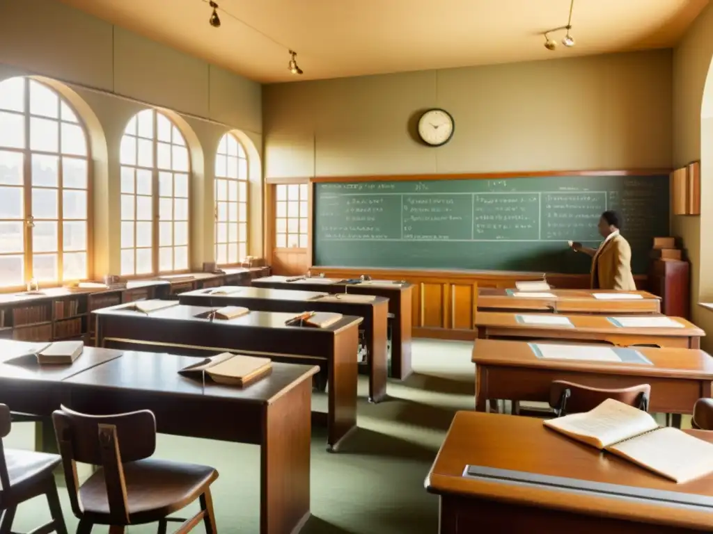 Una escena de aula vintage con estudiantes y maestro debatiendo, rodeados de herramientas educativas antiguas