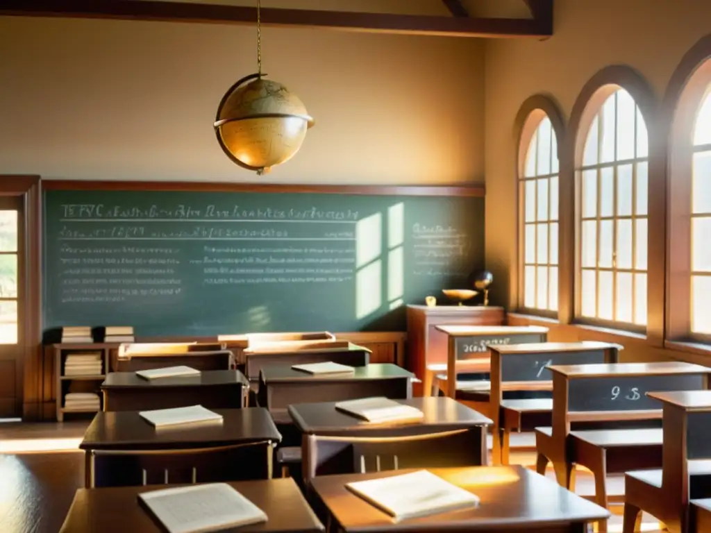 Una escena de aula vintage con luz dorada, mesas de madera, pizarrones llenos de fórmulas y un globo terráqueo en el escritorio del maestro