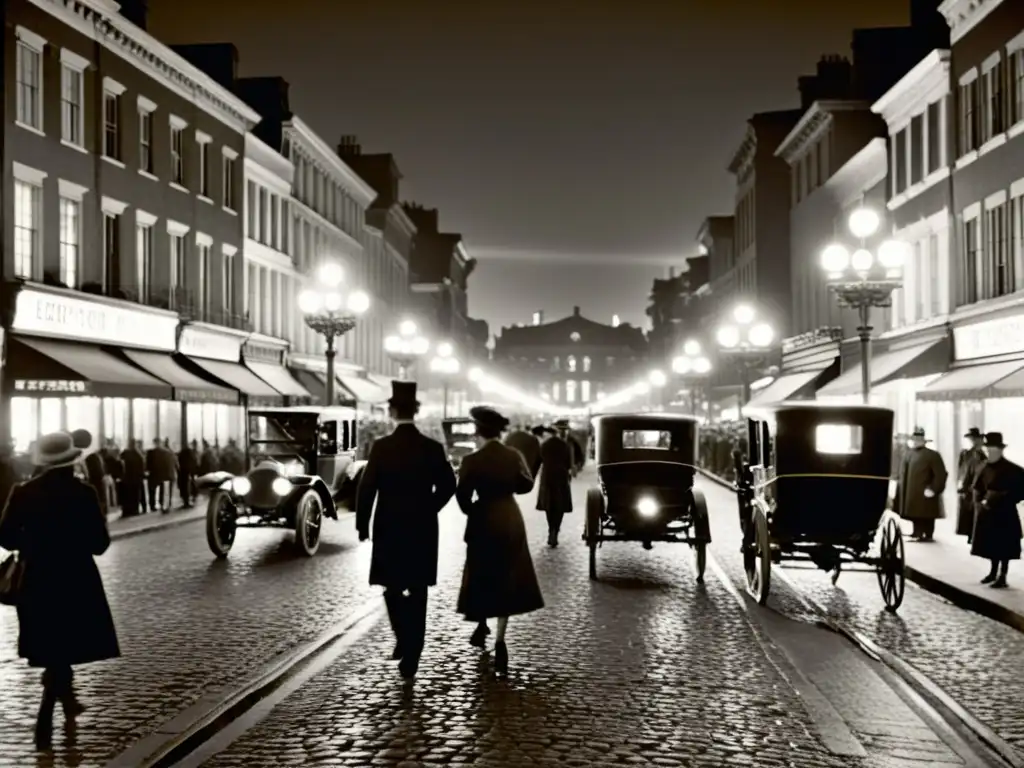 Una escena de ciudad nocturna del siglo XX con iluminación eléctrica, mostrando la transformación de la historia iluminación eficiente linterna LED en paisajes urbanos antiguos