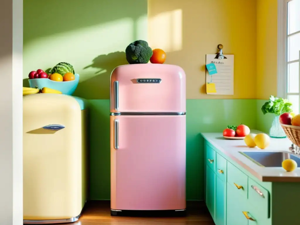 Escena de cocina vintage con un refrigerador retro colorido como punto focal