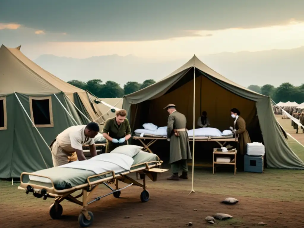 Escena de hospital de campaña vintage con personal médico atendiendo soldados heridos