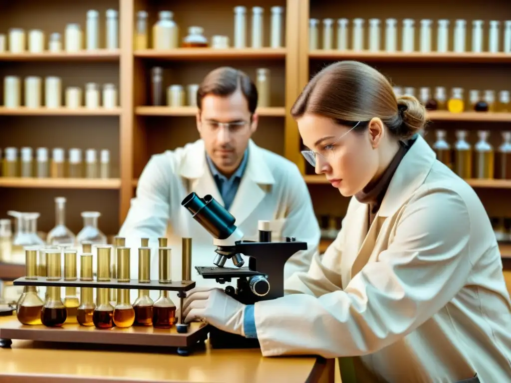 Escena de laboratorio vintage con científicos trabajando en experimentos, evocando la importancia de la biotecnología en medicamentos