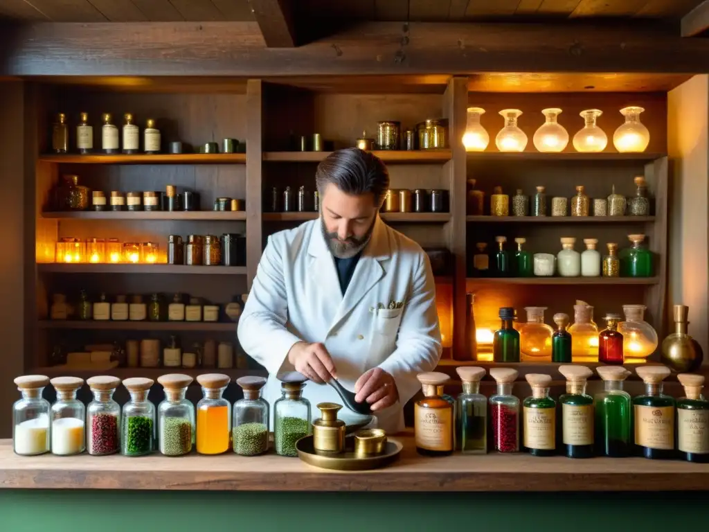 Escena nostálgica en una antigua botica, evocando la evolución de la farmacéutica historia