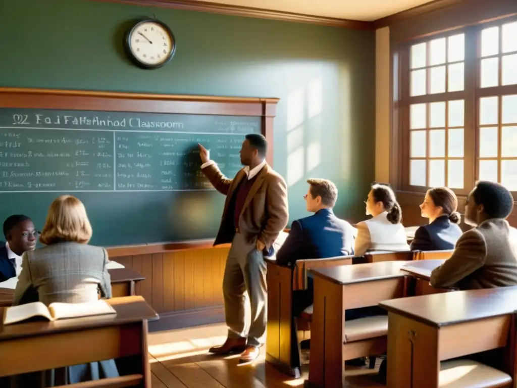 Escena nostálgica de aula antigua con profesor explicando concepto a estudiantes