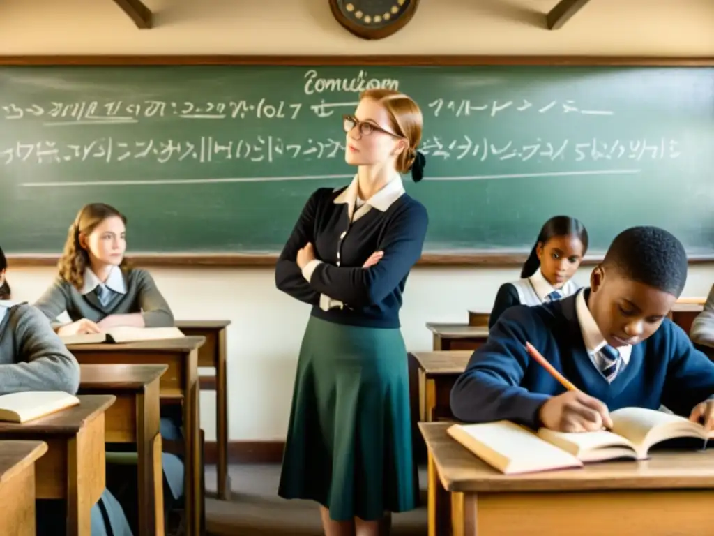 Escena nostálgica de aula vintage con estudiantes atentos y profesor apasionado