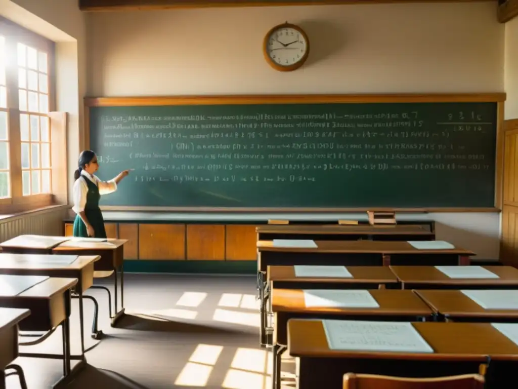 Escena nostálgica de aula vintage con luz cálida y pizarrón lleno de ecuaciones