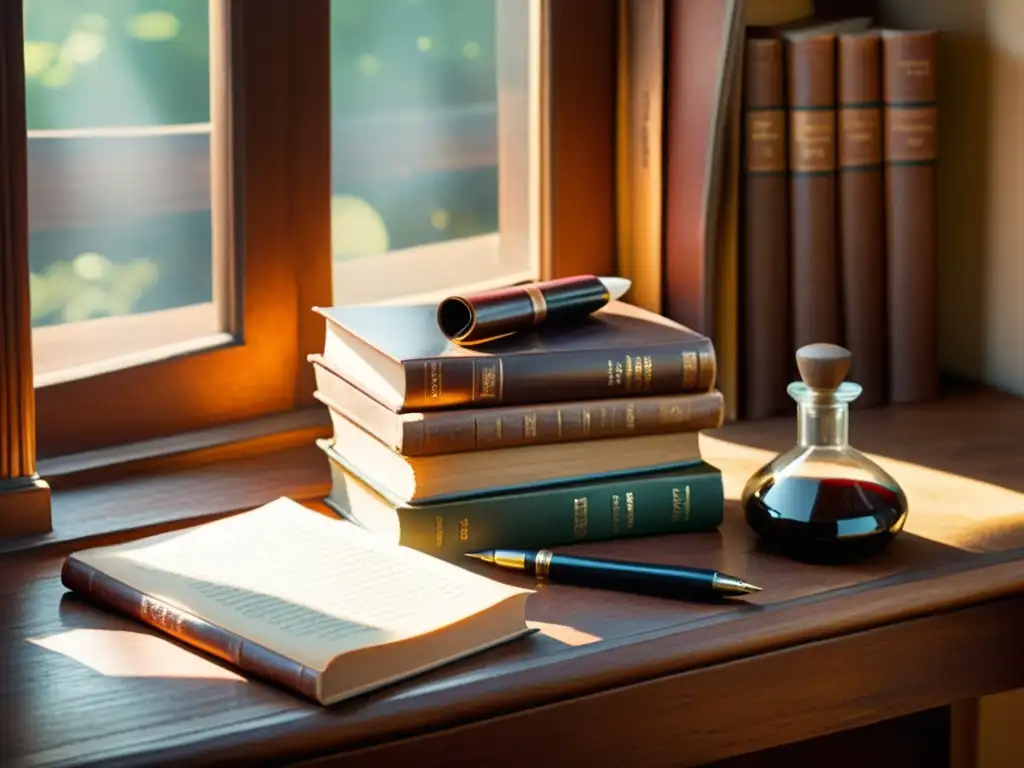 Una escena nostálgica de libros antiguos apilados en un escritorio de madera, con pluma y tintero