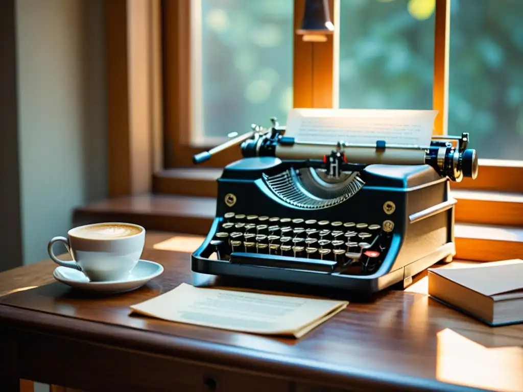 Una escena nostálgica con una máquina de escribir vintage, papeles envejecidos y una taza de café