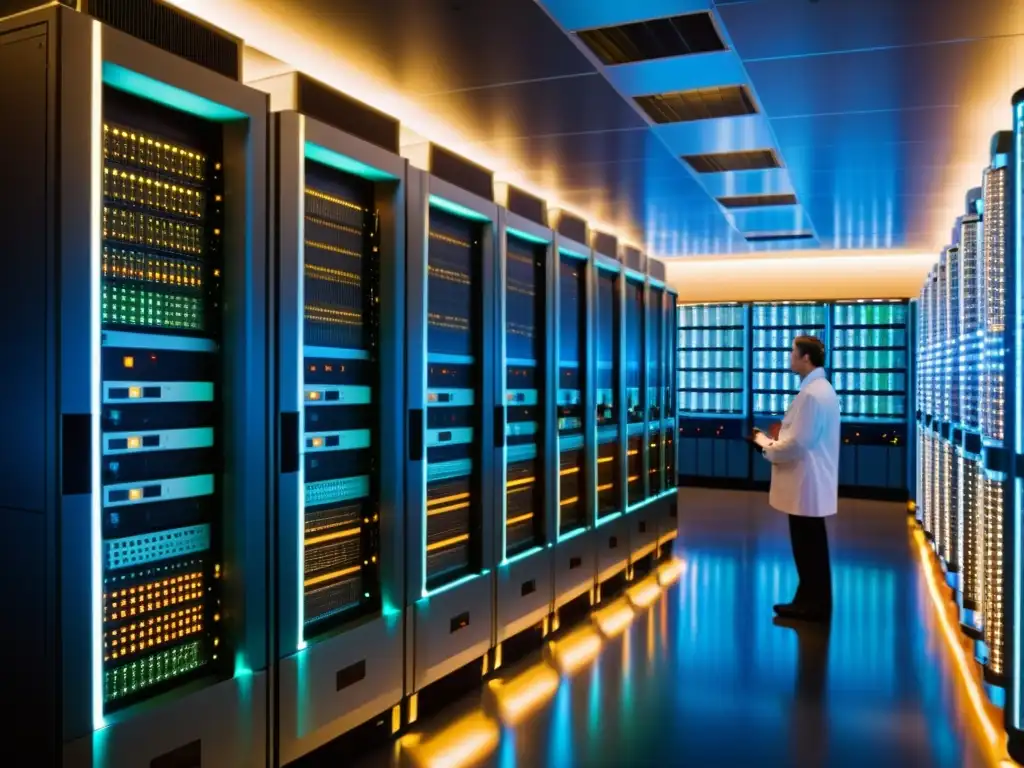 Escena nostálgica de una sala llena de supercomputadoras vintage, ingenieros en lab coats trabajan entre luces parpadeantes