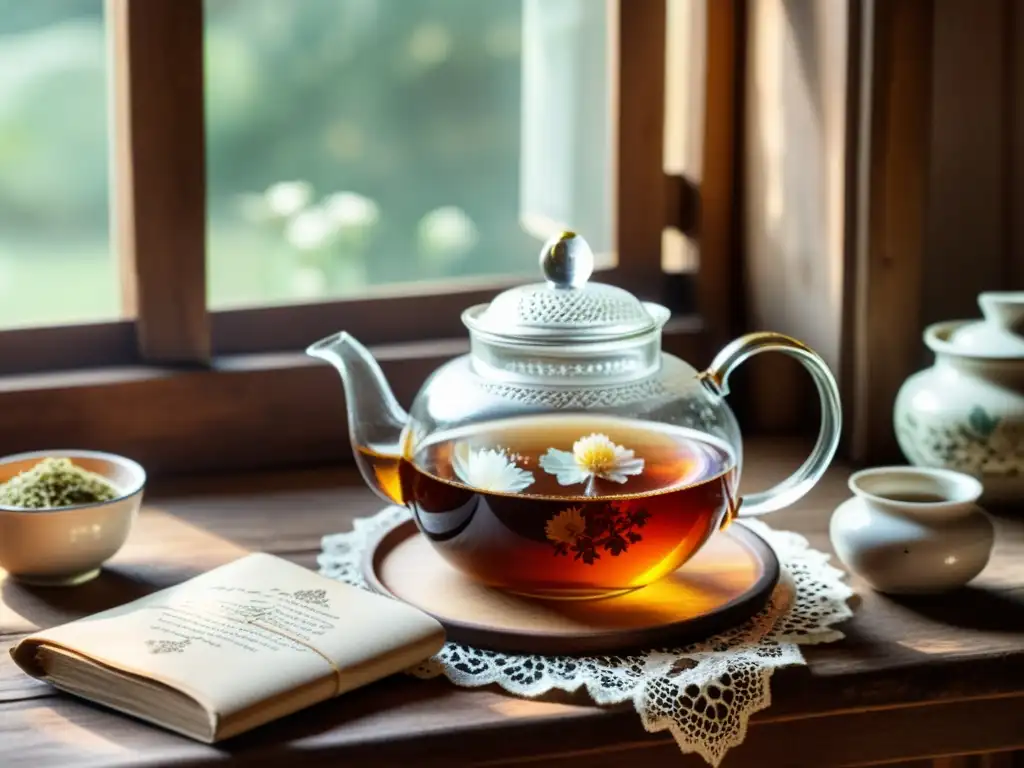 Tetera vintage rodeada de té, recetas y nostalgia Una escena nostálgica con una tetera vintage y accesorios de té, iluminada por el sol
