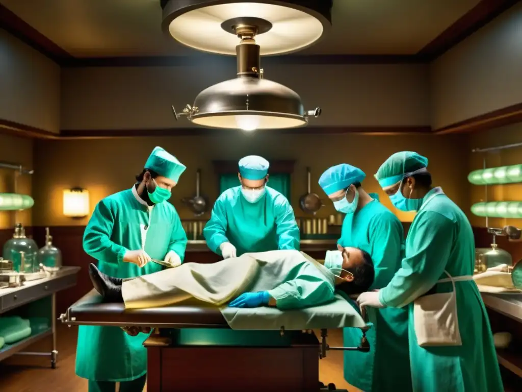 Escena histórica: Cirugía con anestesia en antiguo teatro de operaciones Escena de quirófano histórico con cirujanos y paciente bajo anestesia, evocando la historia y ciencia de la anestesia en la medicina temprana