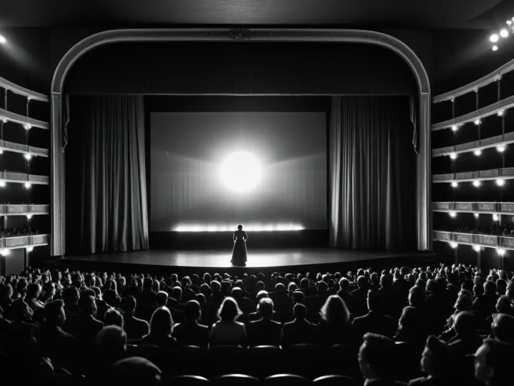 Una escena de teatro en blanco y negro, con proyección cinematográfica y sombras de artistas