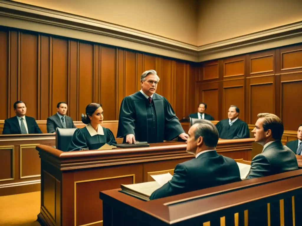 Ilustración vintage de escena de tribunal en disputa de patentes, con abogados, juez, documentos legales y atmósfera dramática