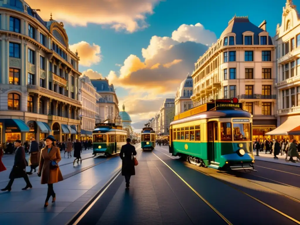 Escena urbana con tranvías vintage, bicicletas y arquitectura art nouveau, reflejando la transformación del transporte sostenible