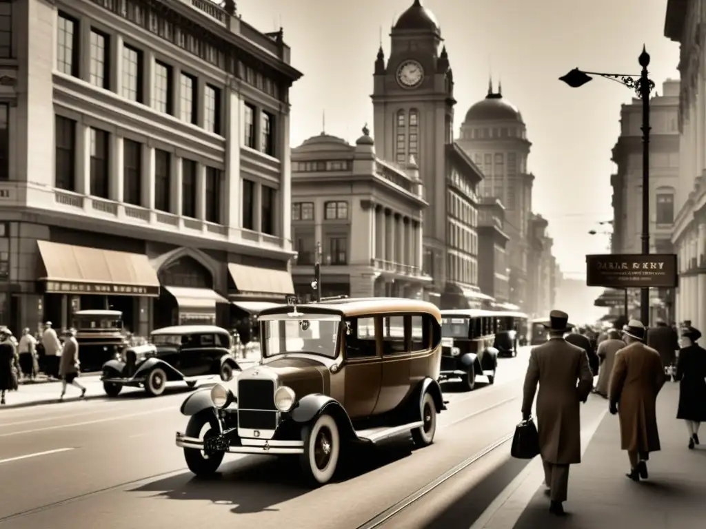 Escena urbana vintage con impacto del ruido del tráfico: autos antiguos, tranvías, peatones y edificios ornamentados en tonos sepia