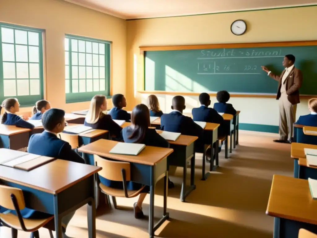 Escena vintage de aula con estudiantes atentos y maestro enseñando, capturando la evolución de los materiales didácticos