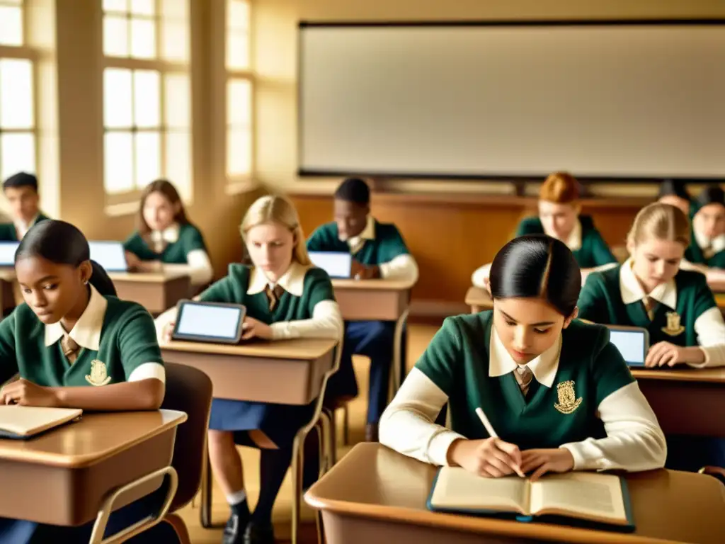 Una escena vintage de aula con estudiantes usando tabletas digitales mientras el maestro dirige una discusión