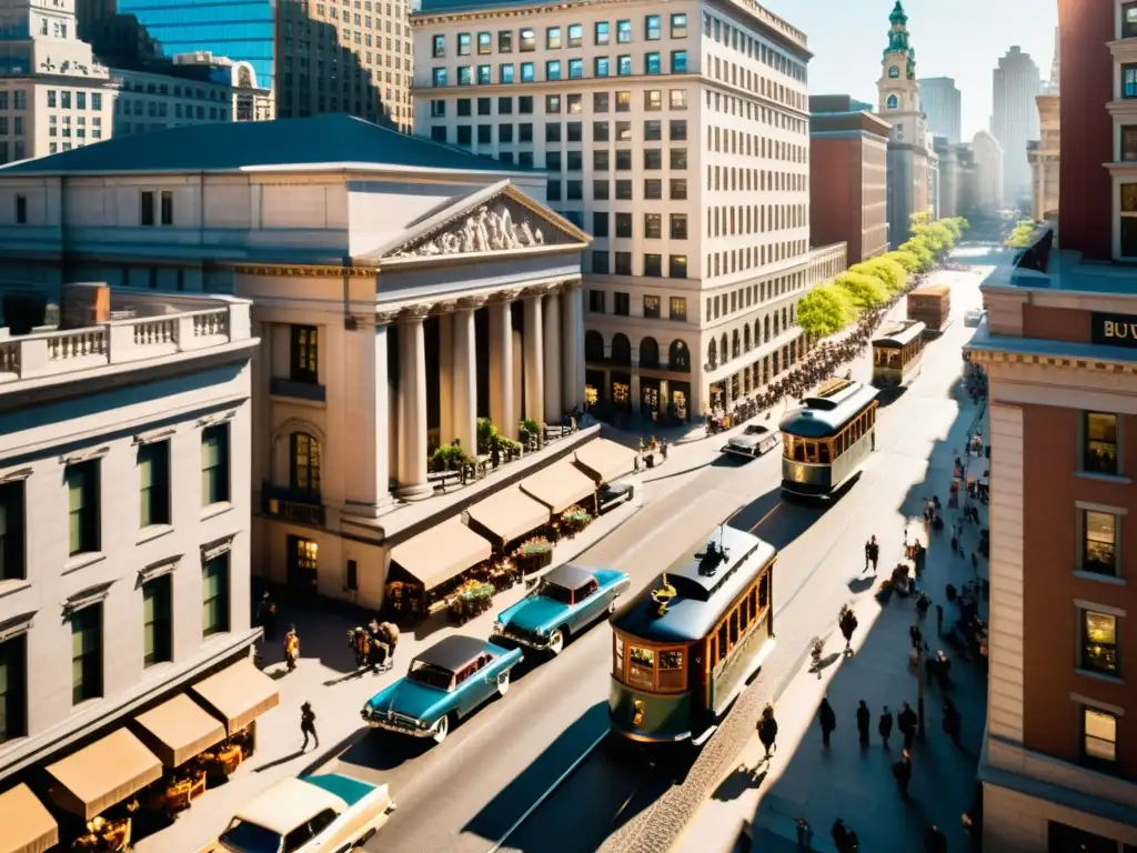 Una escena vintage de un bullicioso distrito financiero con arquitectura histórica y calles empedradas