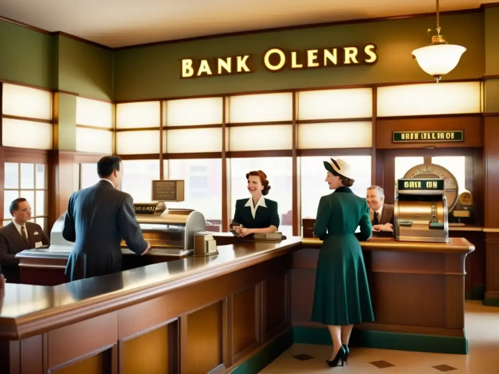 Una escena vintage de un concurrido banco de los años 50, con empleados atendiendo a clientes en un ambiente cálido y acogedor