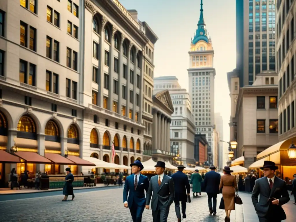 Una escena vintage de un distrito financiero sofisticado, con edificios históricos y profesionales en trajes elegantes