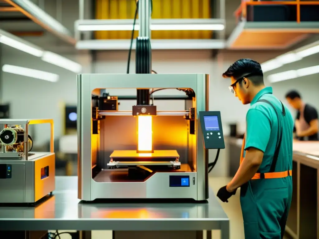 Una escena vintage en una planta de fabricación, con aplicaciones de la impresión 3D y trabajadores inspeccionando piezas detalladas