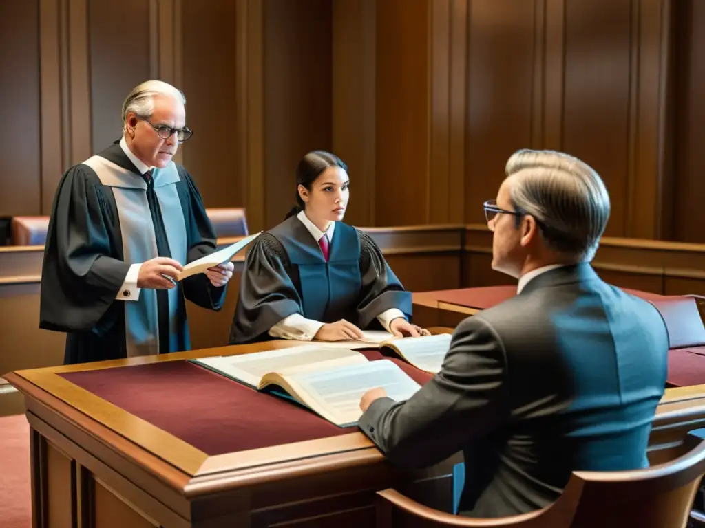 Escena vintage en la sala del tribunal, abogados discutiendo apasionadamente casos de propiedad intelectual en tecnología