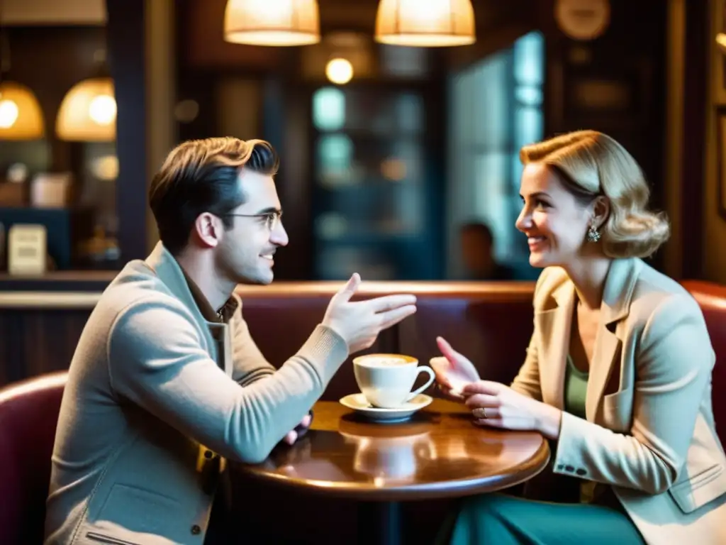 Escena vintage de comunicación no verbal, gestos expresivos y PNL en una acogedora cafetería con decoración antigua