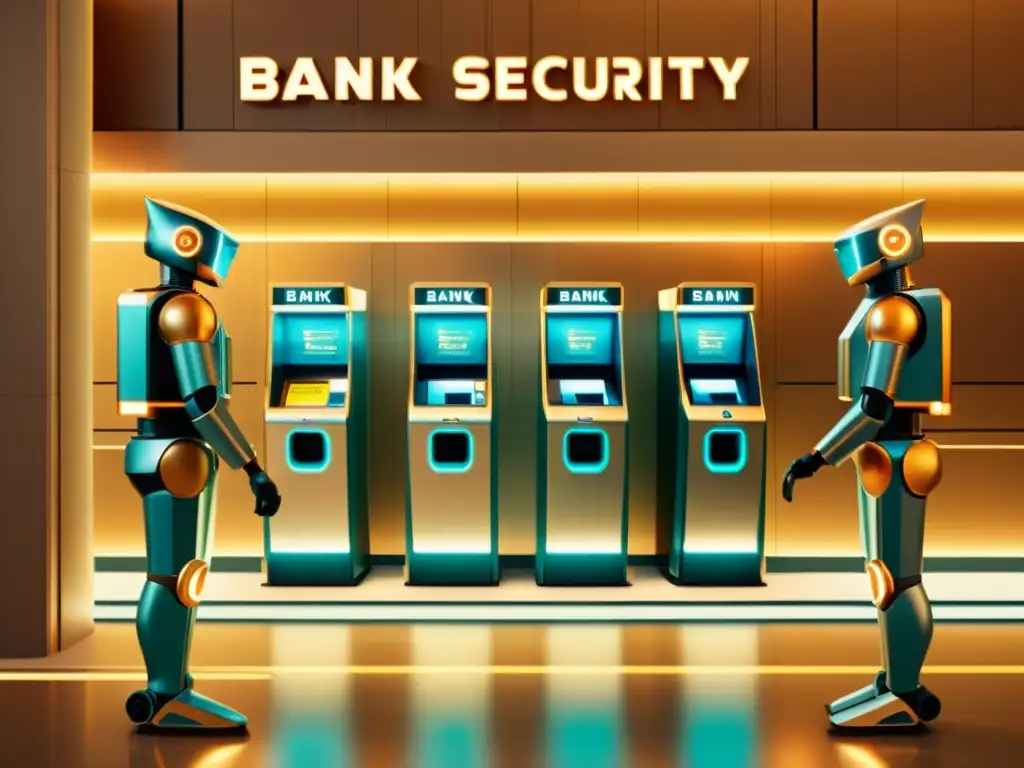 Un escenario retro de alta seguridad en un banco, con robots AI y guardias humanos