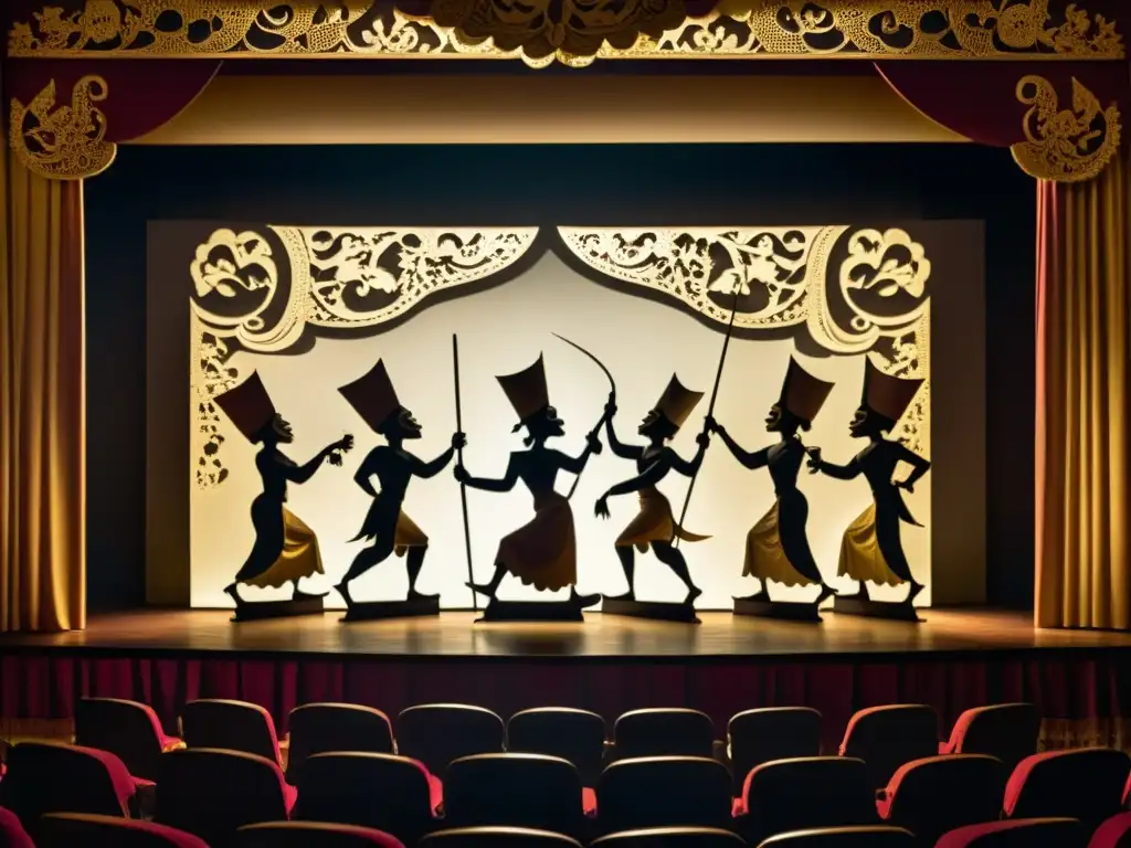 Fotografía vintage de un escenario teatral con sombras de figuras de wayang kulit indonesio