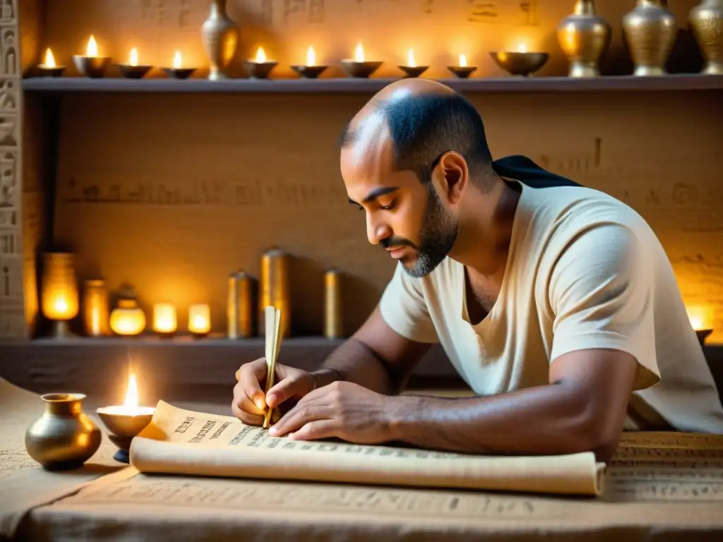 Un escriba egipcio antiguo desenrolla con delicadeza un papiro, revelando intrincadas jeroglíficos que cuentan la historia de la escritura en papiro