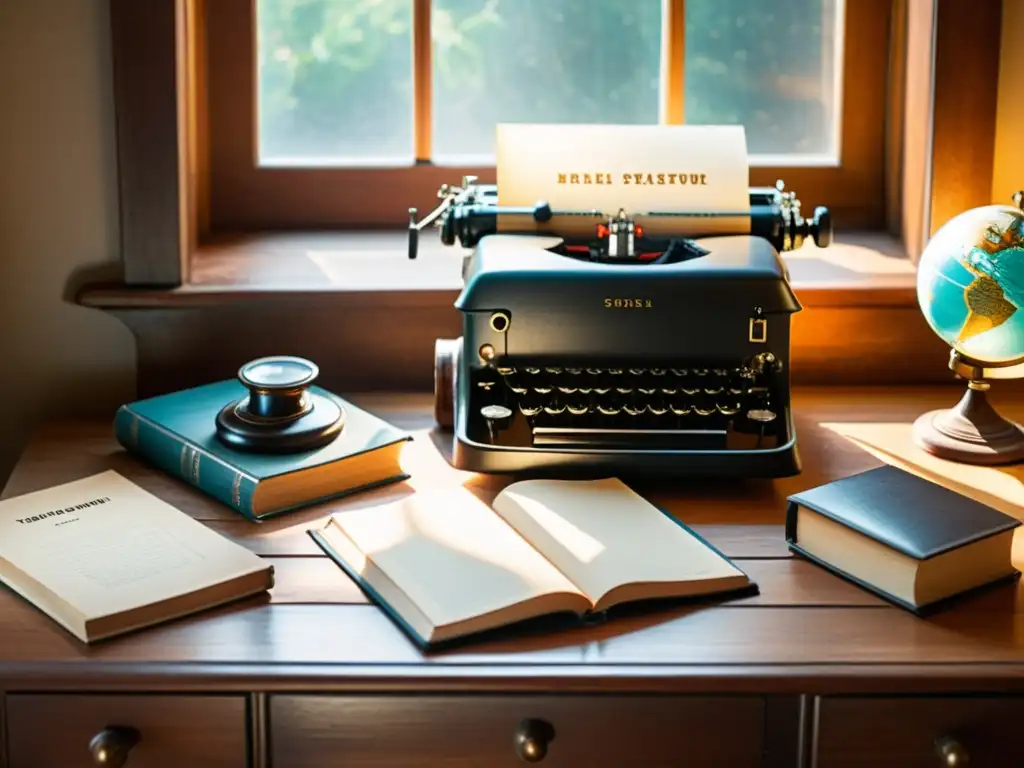 Un escritorio vintage con una máquina de escribir, libros antiguos y un globo terráqueo, iluminado por la cálida luz del sol