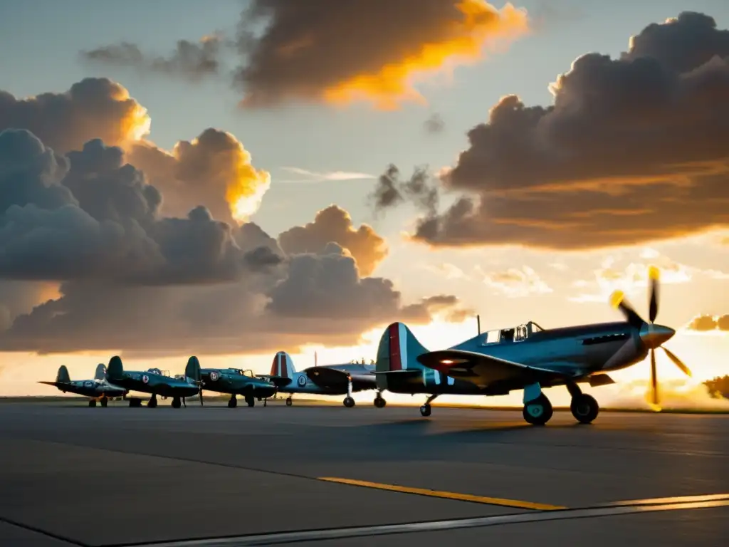 Escuadrón de aviones de la Segunda Guerra Mundial en una pista, con pilotos en las cabinas, bajo un atardecer dramático