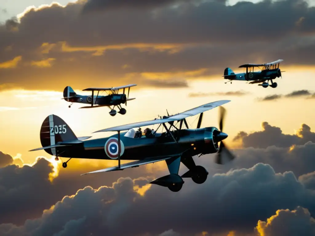 Escuadrón de biplanos en el cielo, con pilotos en cabina, en una escena evocadora de la evolución de la historia de combate aéreo