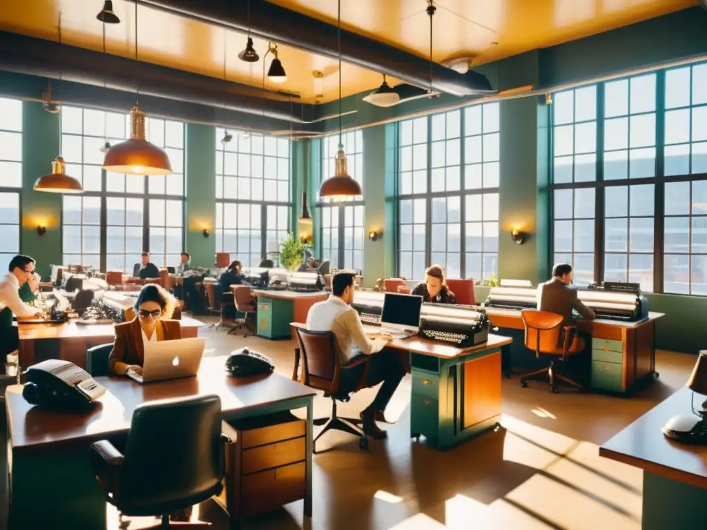 Un espacio de coworking vintage con jóvenes profesionales colaborando en laptops y discutiendo animadamente