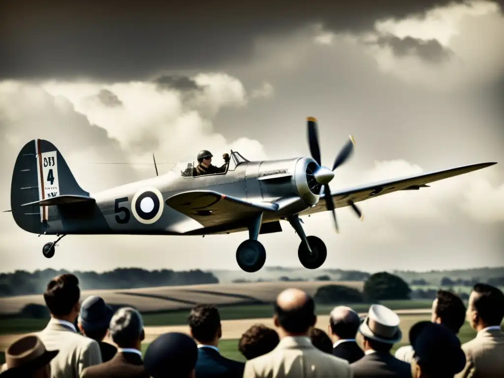 Alberto Santos-Dumont pilota el 14bis mientras espectadores maravillados presencian el primer vuelo en Europa