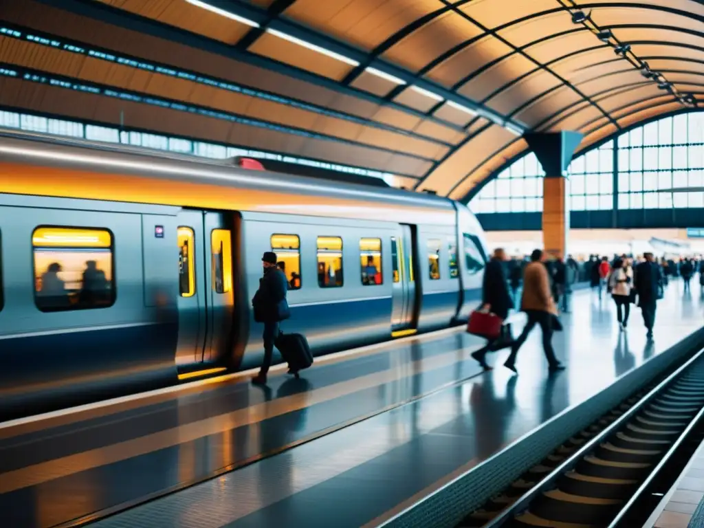 Una estación de tren bulliciosa y moderna, con diversidad de personas, reflejando el impacto del tren en la sociedad