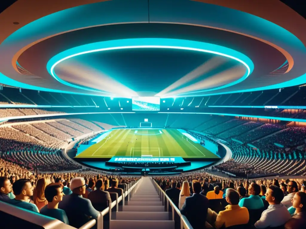 Un estadio retrofuturista lleno de entusiastas, fusionando tecnología y deporte