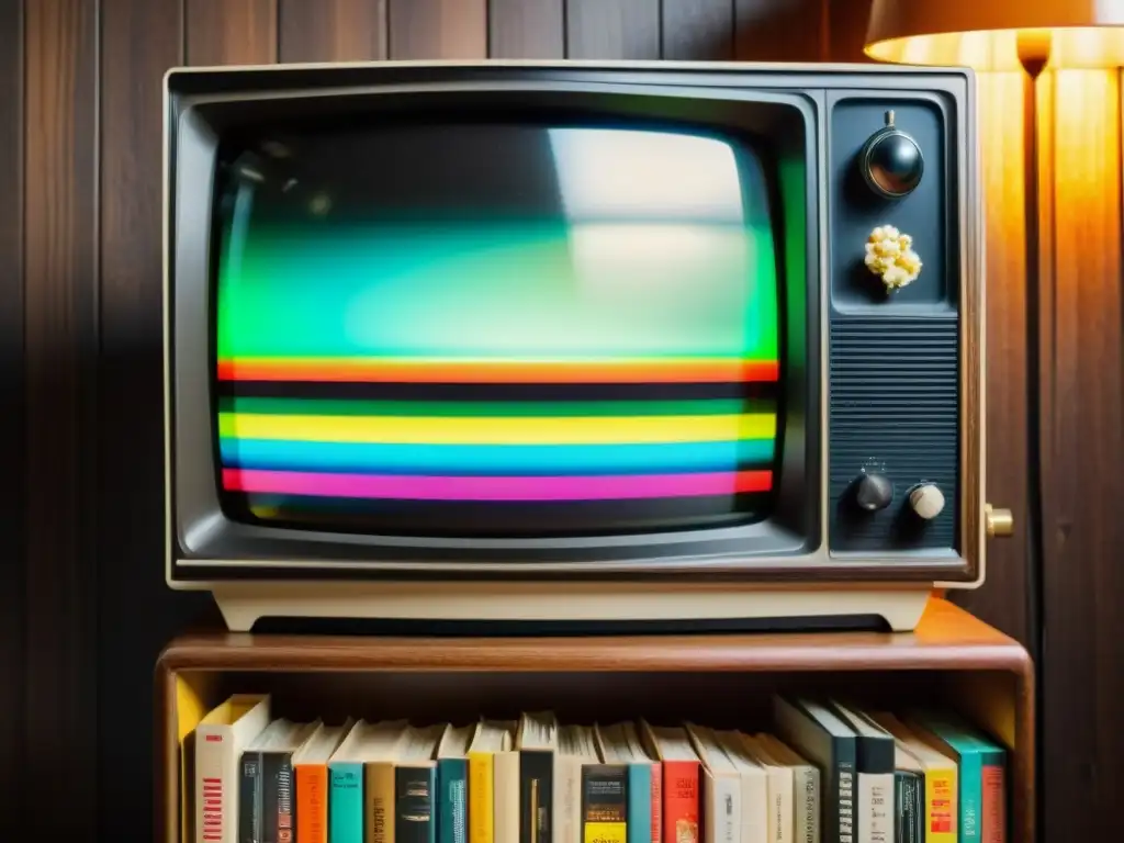 Televisión vintage con estática colorida, VHS y palomitas en soporte de madera retro