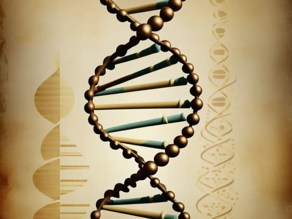 Una ilustración vintage de la estructura del ADN en pergamino envejecido, evocando la importancia del genoma humano en biotecnología