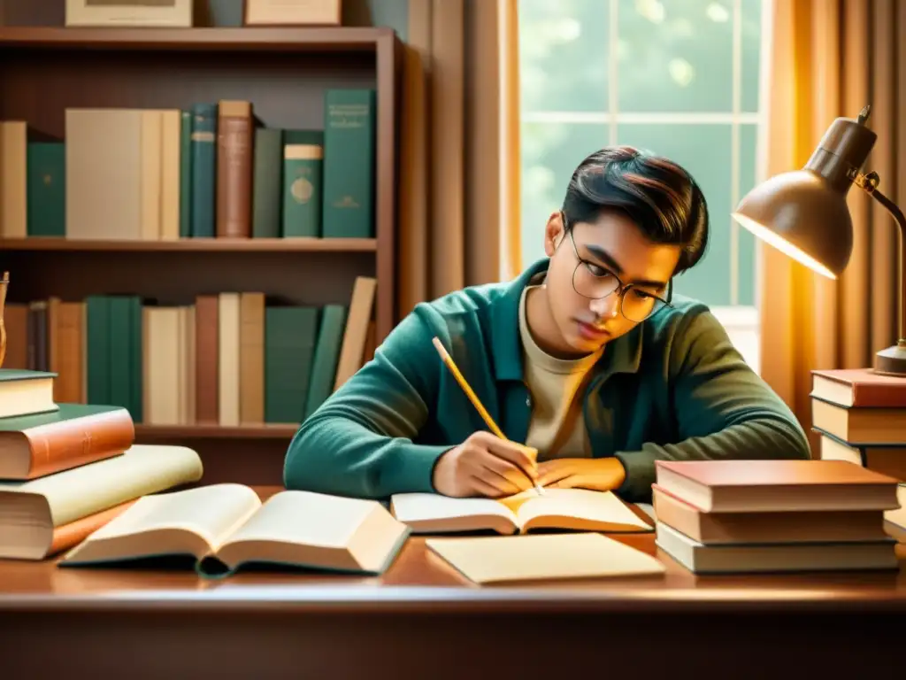 Estudiante concentrado en educación a distancia rodeado de libros y materiales de estudio, evocando la determinación y la dedicación académica